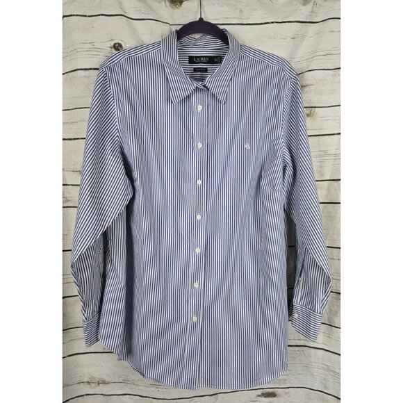 Ralph Lauren 2X Womens Shirt Blue White Striped Monogram Button Up - Picture 1 of 6
